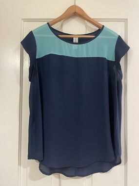 Vintage Pure Energy Navy and Aqua Colorblock Cap Sleeve Blouse